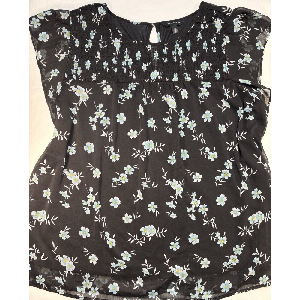 Tamara H. Plus Size 3X Black Floral Chiffon Smocked Flutter Sleeve Blouse
